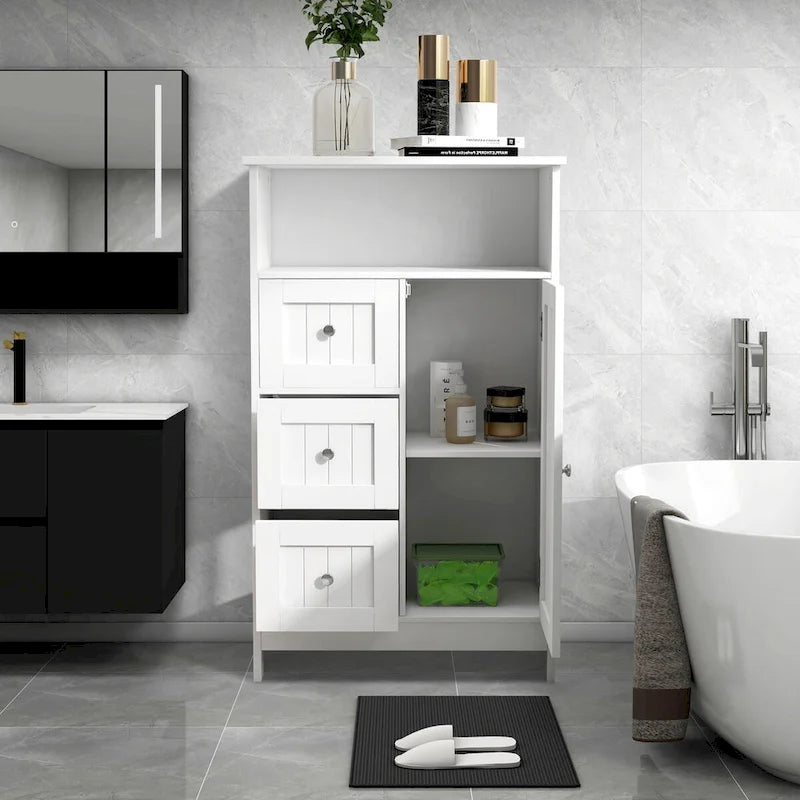 White Freestanding Bathroom Storage Linen Cabinet with Drawers and Doors