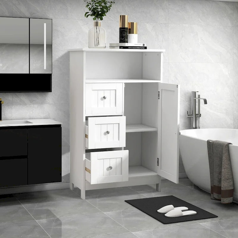 White Freestanding Bathroom Storage Linen Cabinet with Drawers and Doors