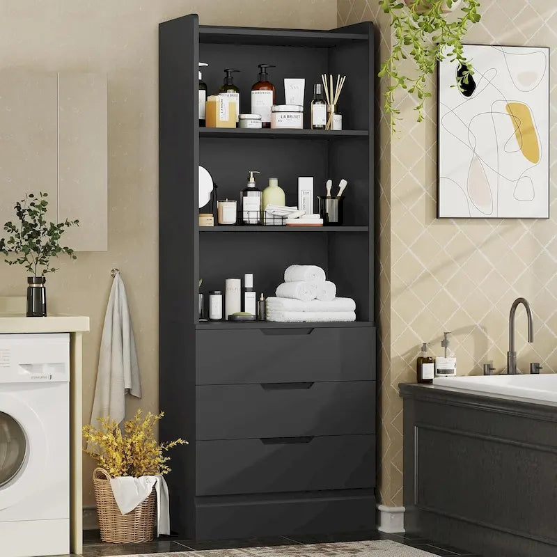 Tall Storage Cabinet Bookcase with 3 Drawers and Open Shelves White Black