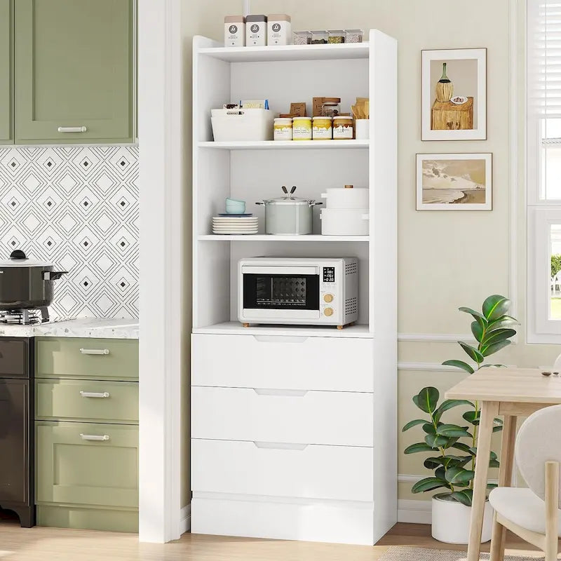 Tall Storage Cabinet Bookcase with 3 Drawers and Open Shelves White Black