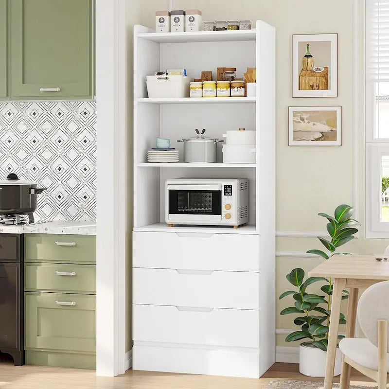 Tall Storage Cabinet Bookcase with 3 Drawers and Open Shelves White Black