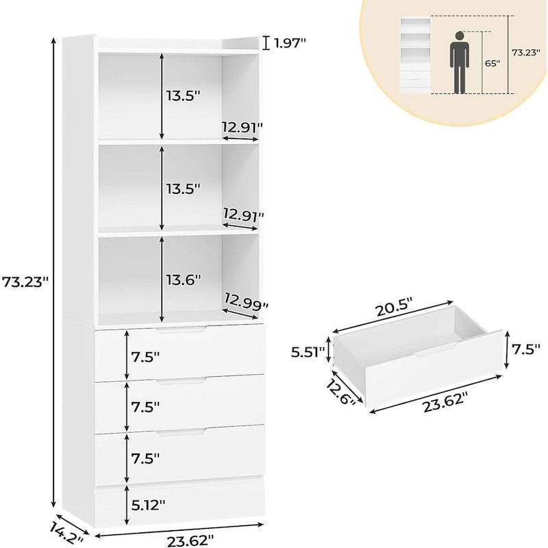 Tall Storage Cabinet Bookcase with 3 Drawers and Open Shelves White Black