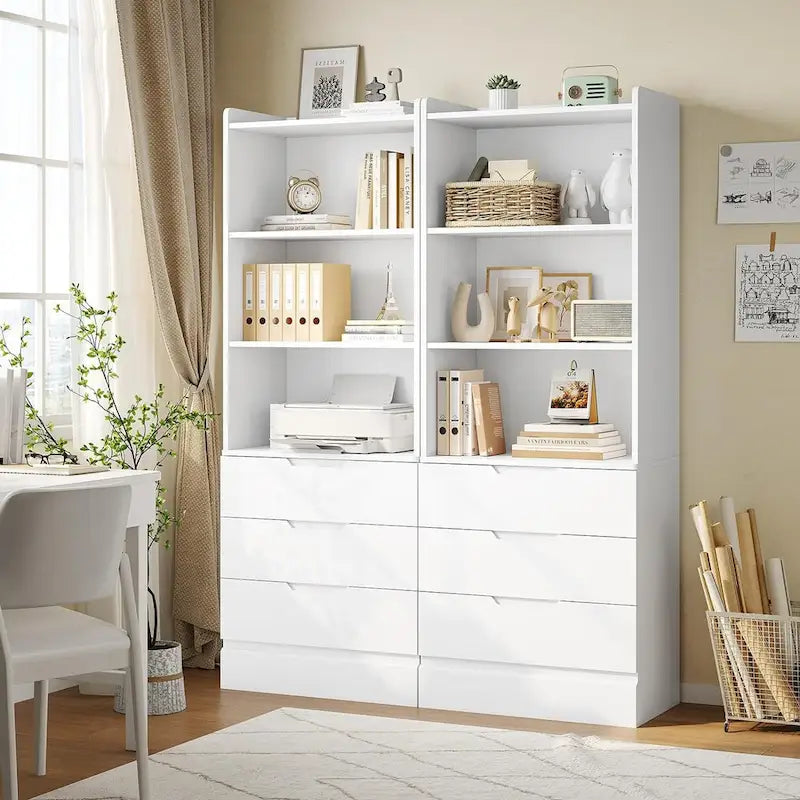 Tall Storage Cabinet Bookcase with 3 Drawers and Open Shelves White Black