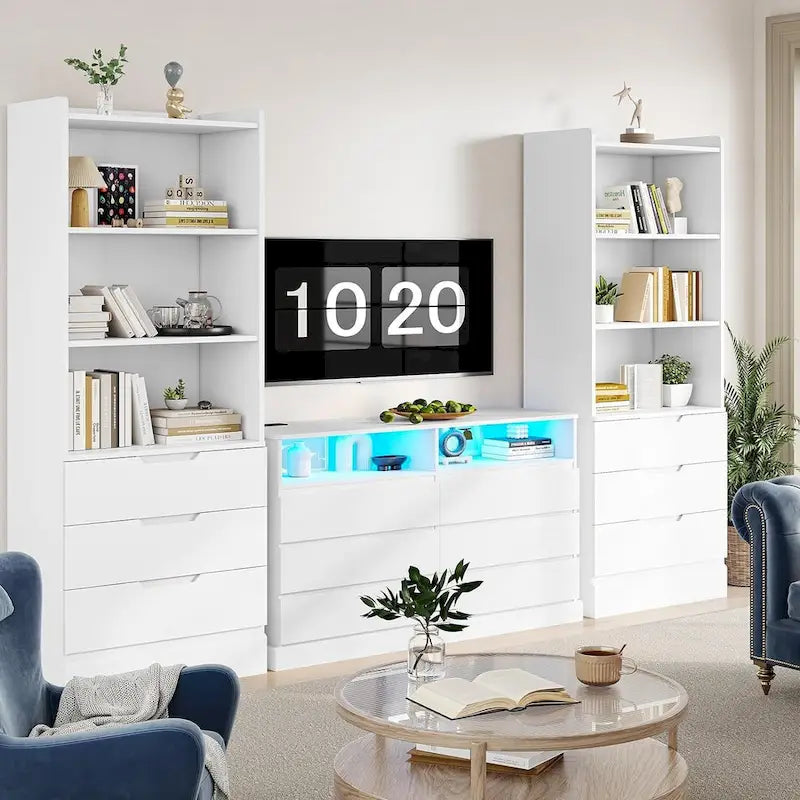 Tall Storage Cabinet Bookcase with 3 Drawers and Open Shelves White Black