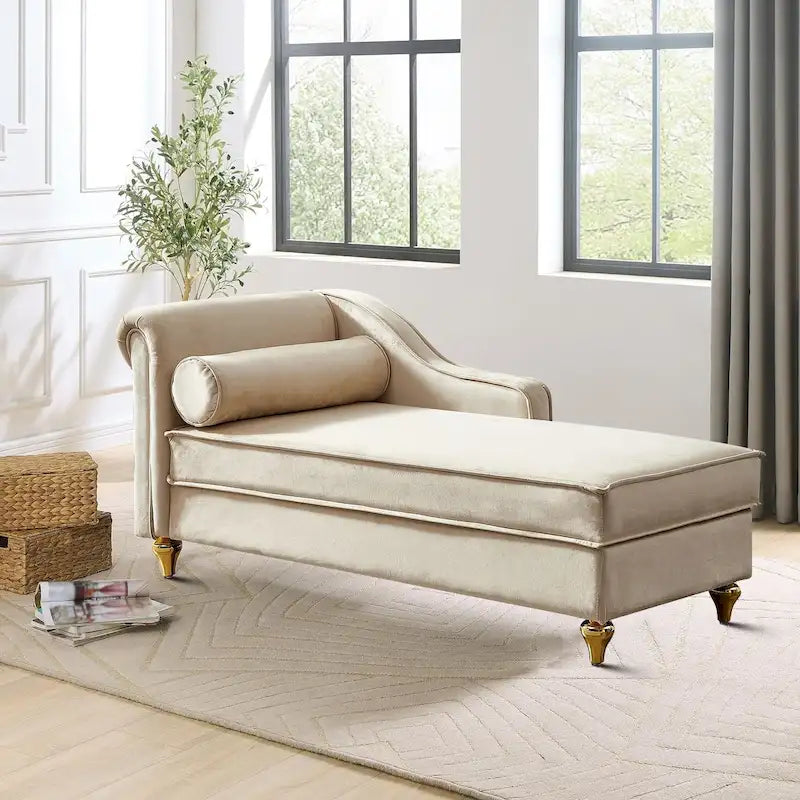 Velvet Upholstered Storage Chaise Lounge with Bolster Pillow, Gold Legs
