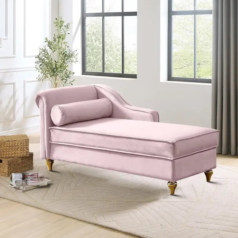 Velvet Upholstered Storage Chaise Lounge with Bolster Pillow, Gold Legs