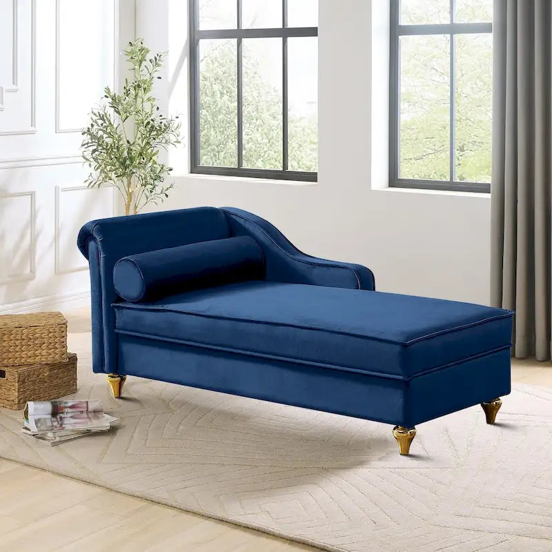 Velvet Upholstered Storage Chaise Lounge with Bolster Pillow, Gold Legs
