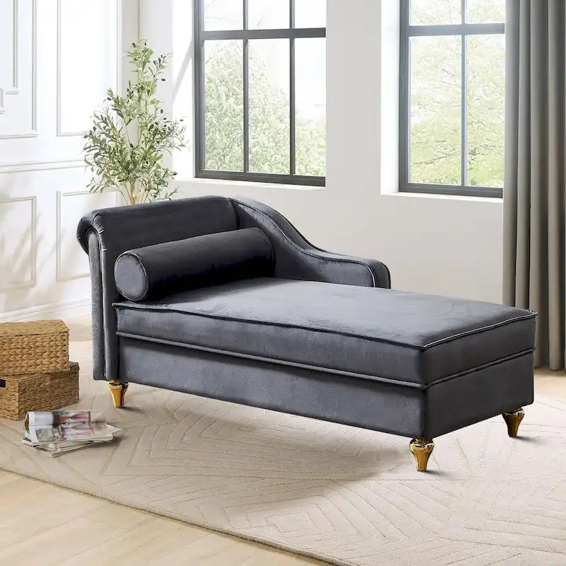 Velvet Upholstered Storage Chaise Lounge with Bolster Pillow, Gold Legs