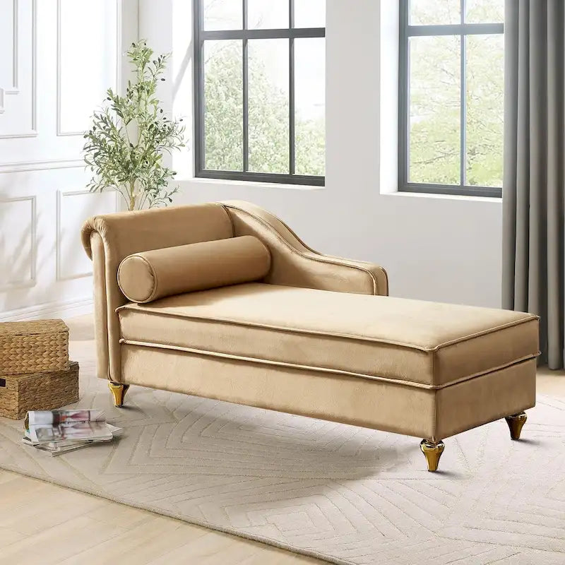 Velvet Upholstered Storage Chaise Lounge with Bolster Pillow, Gold Legs