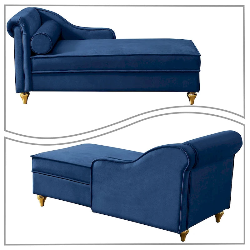 Velvet Upholstered Storage Chaise Lounge with Bolster Pillow, Gold Legs