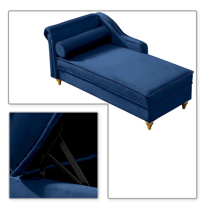 Velvet Upholstered Storage Chaise Lounge with Bolster Pillow, Gold Legs