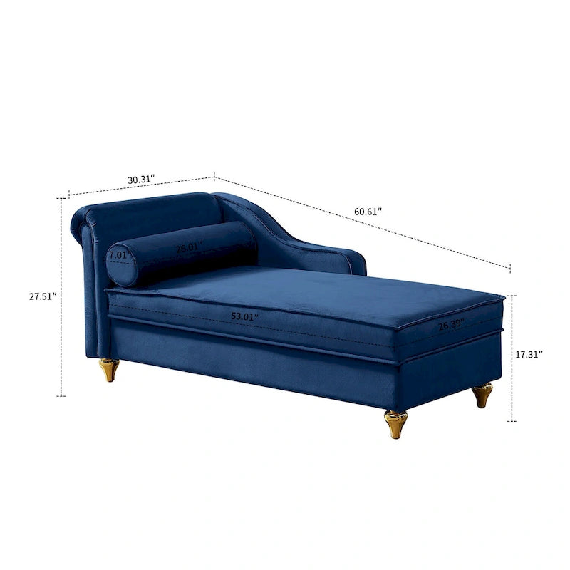 Velvet Upholstered Storage Chaise Lounge with Bolster Pillow, Gold Legs