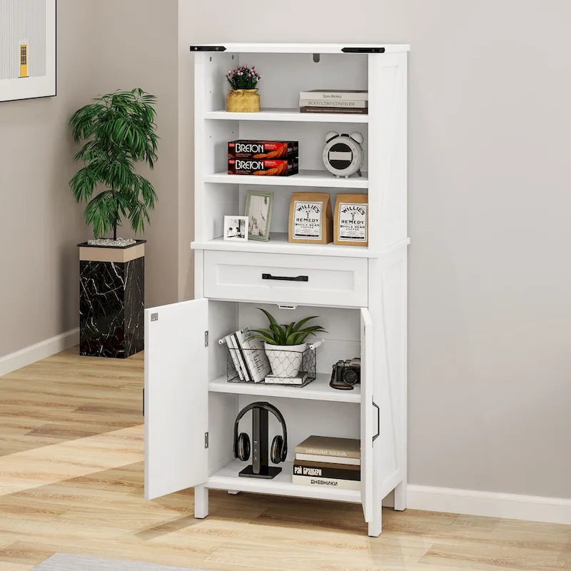 Tall Floor Storage Cabinet with Open Shelves Drawer Double Doors White Brown