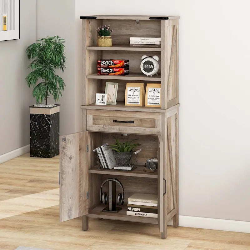 Tall Floor Storage Cabinet with Open Shelves Drawer Double Doors White Brown