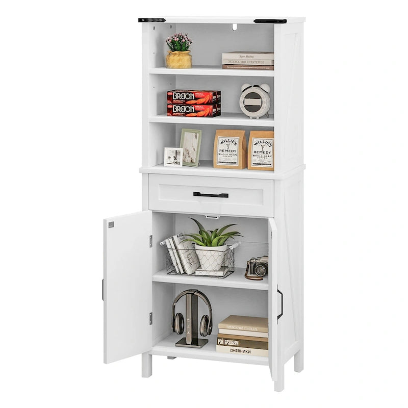 Tall Floor Storage Cabinet with Open Shelves Drawer Double Doors White Brown
