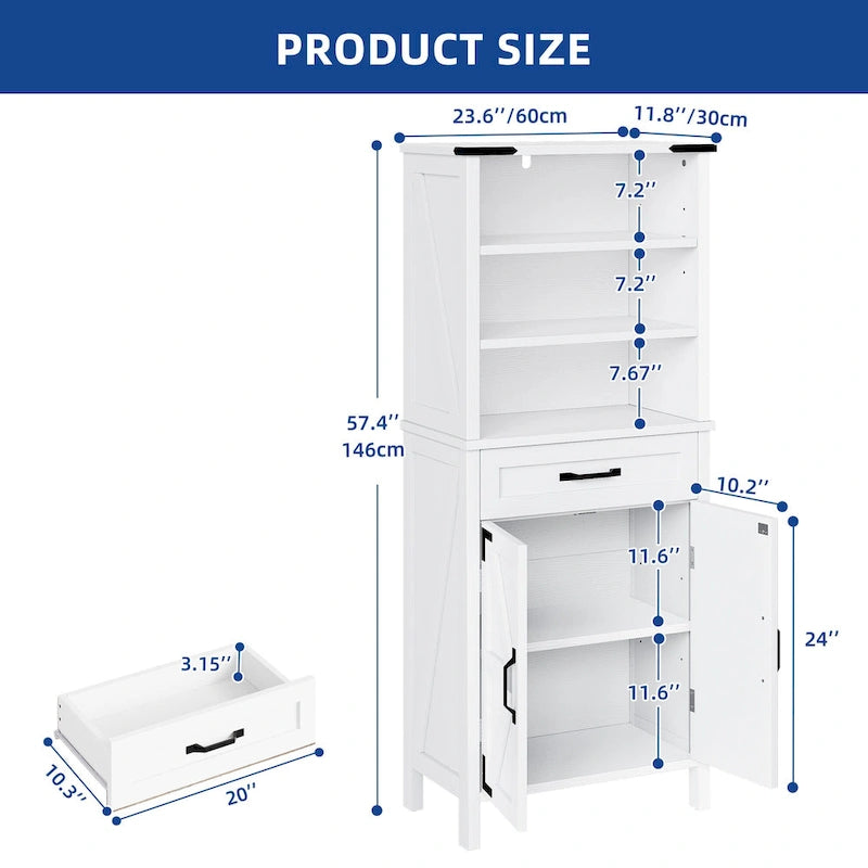 Tall Floor Storage Cabinet with Open Shelves Drawer Double Doors White Brown